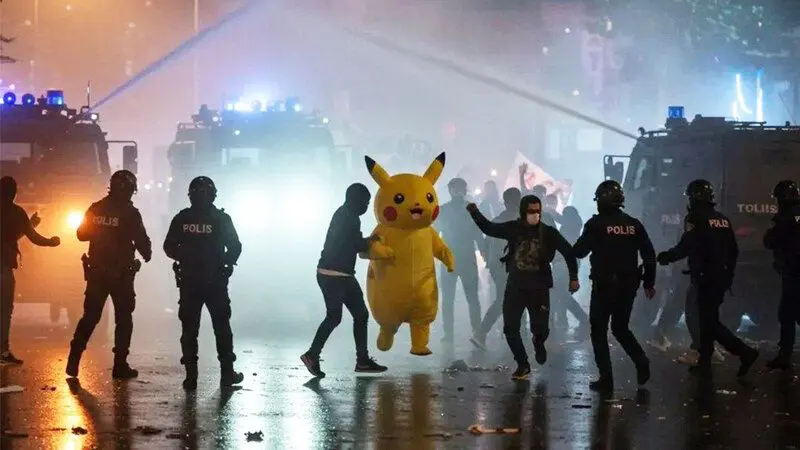 A Protester Escapes in Turkish Demonstrations Dressed as Cartoon Character Pikachu