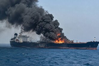 The IRGC Reports Explosion of a Super Tanker South of the Strait of Hormuz